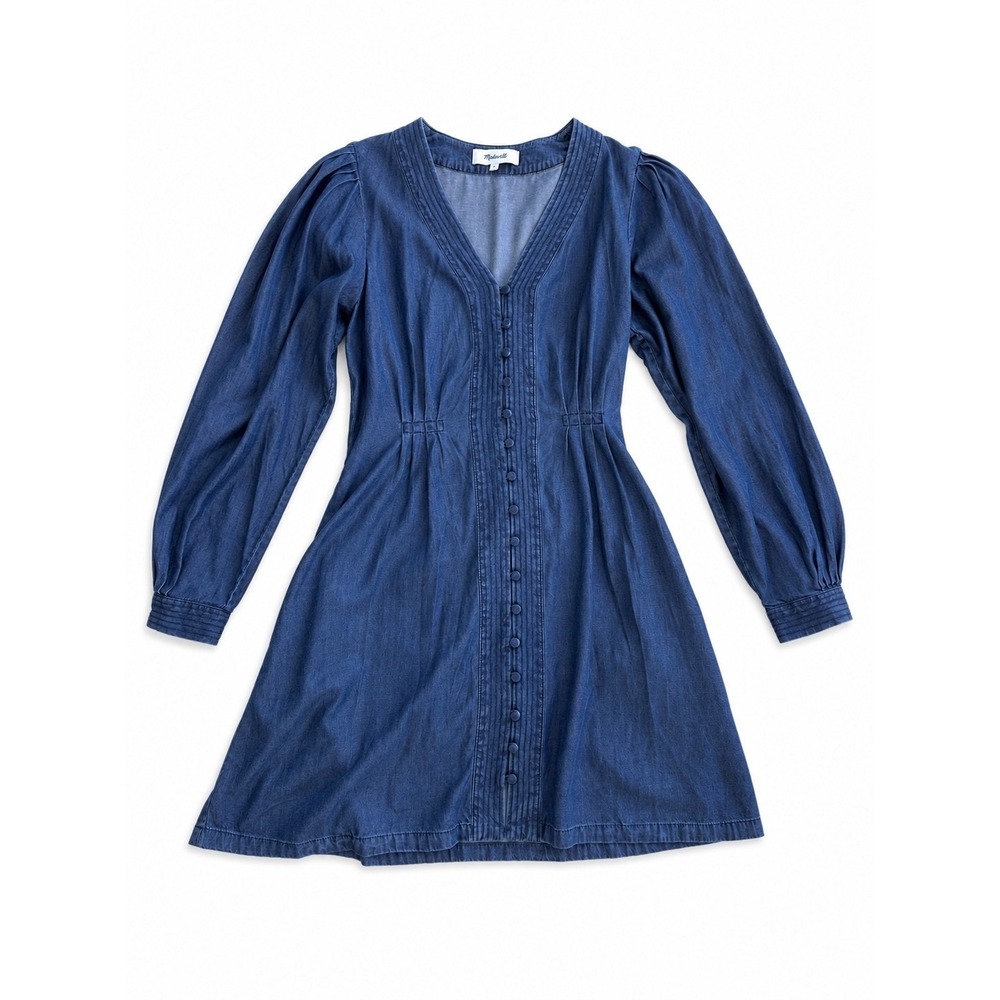 Madewell NZ187 Chambray Lyocell Button Front Puff Sleeve Mini Dress Size 2 - Picture 2 of 12